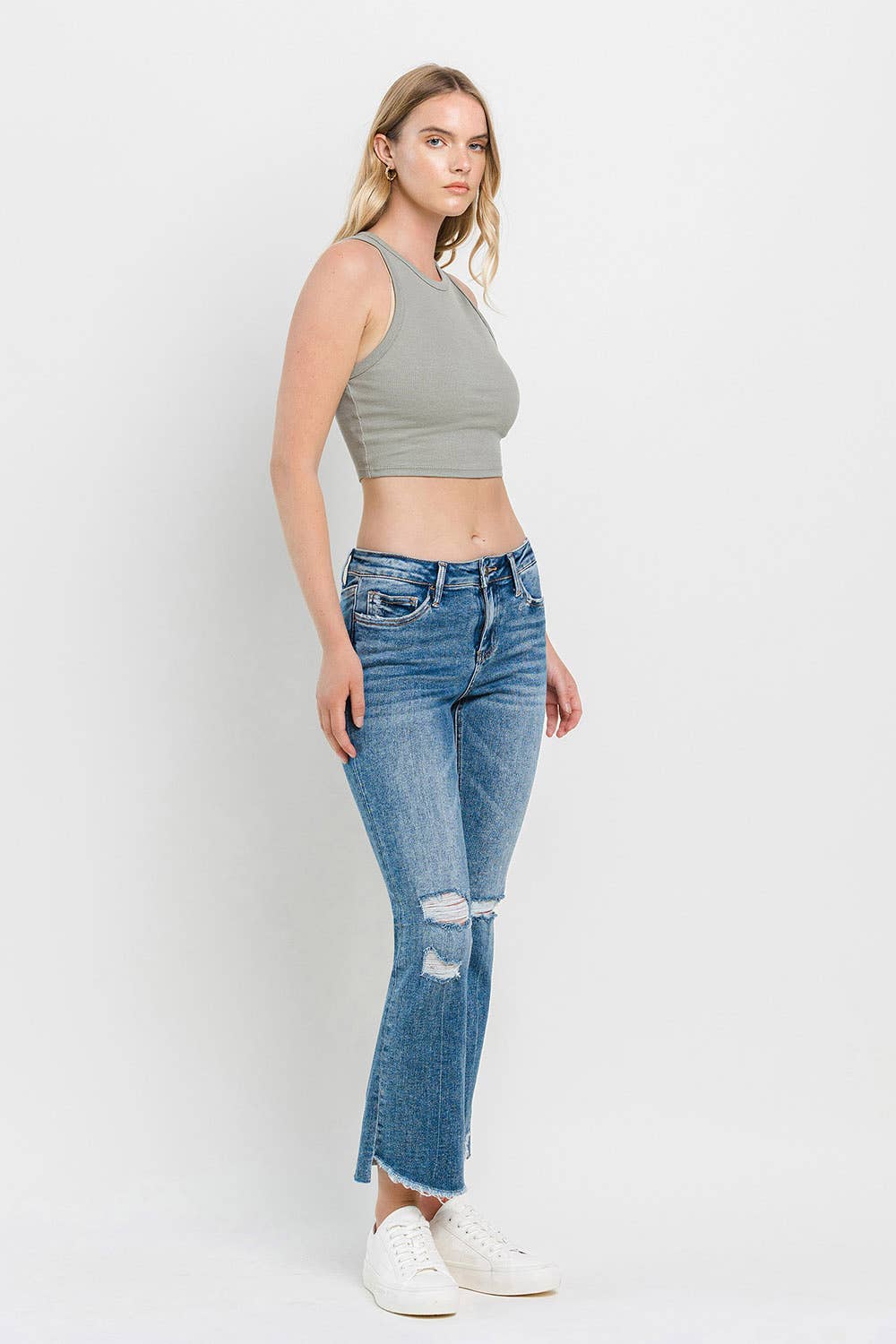 MID RISE UNEVEN HEM ANKLE KICK Flare Jean T6048