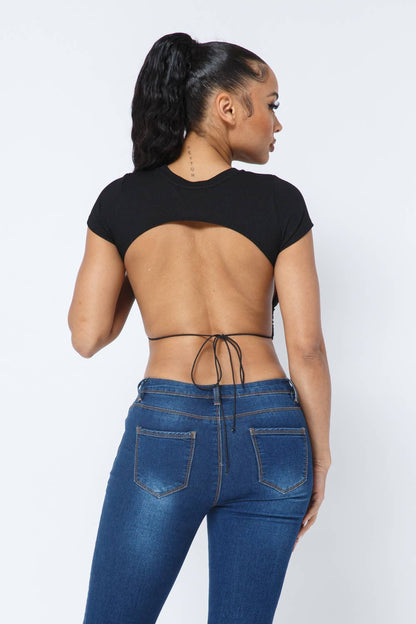 Rib Open Back String Tie Crop Top