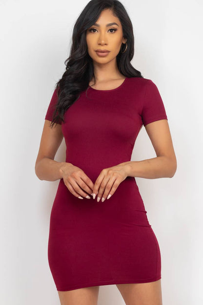 Sexy Short Sleeve Open Back Solid Color Mini Bodycon Dress