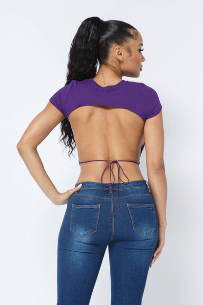 Rib Open Back String Tie Crop Top