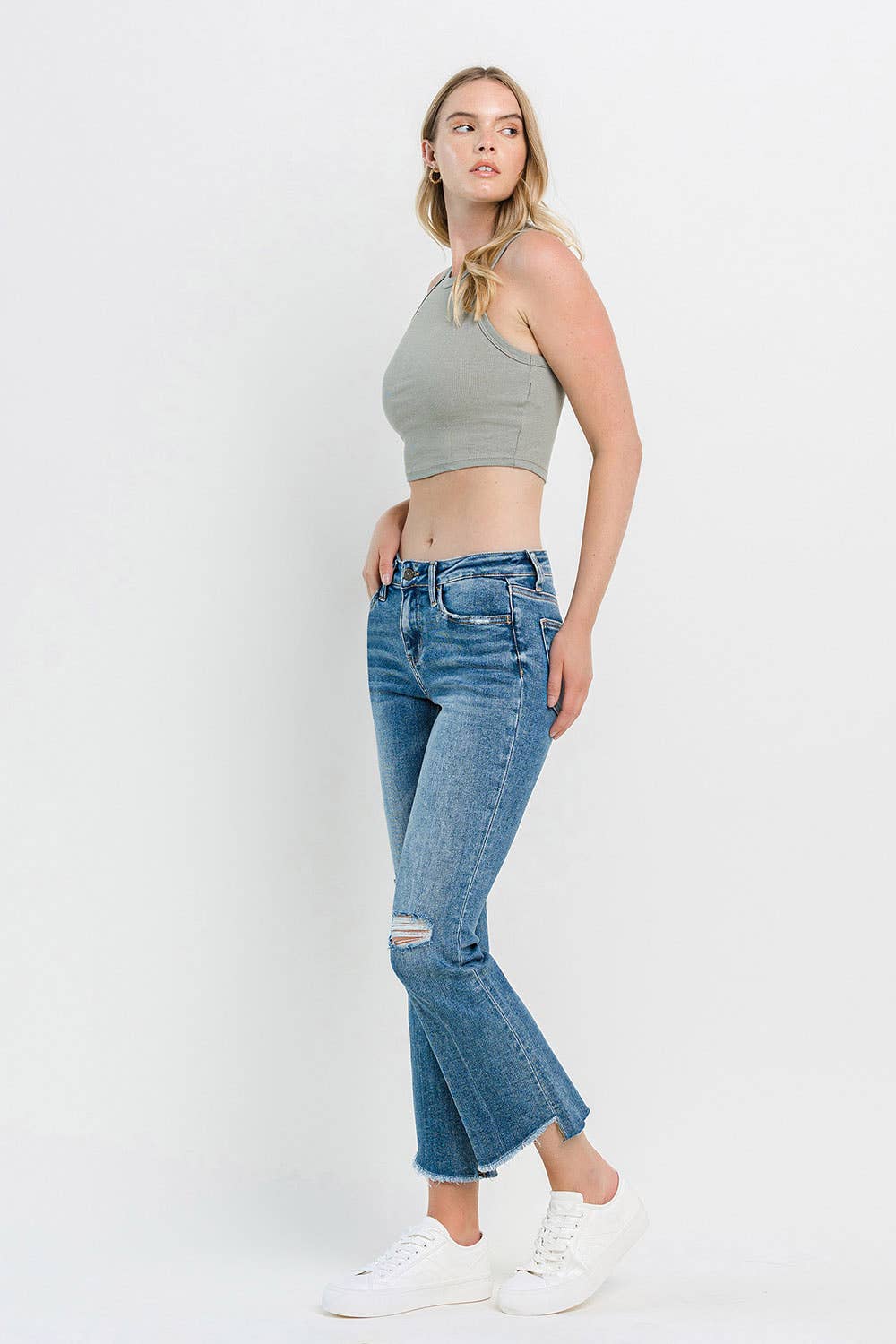 MID RISE UNEVEN HEM ANKLE KICK Flare Jean T6048