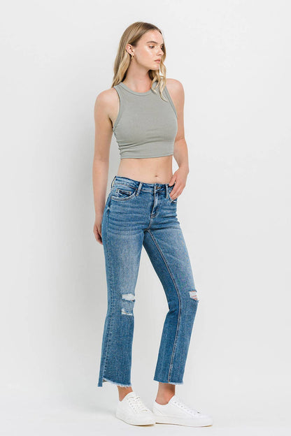 MID RISE UNEVEN HEM ANKLE KICK Flare Jean T6048