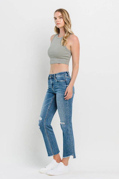 MID RISE UNEVEN HEM ANKLE KICK Flare Jean T6048