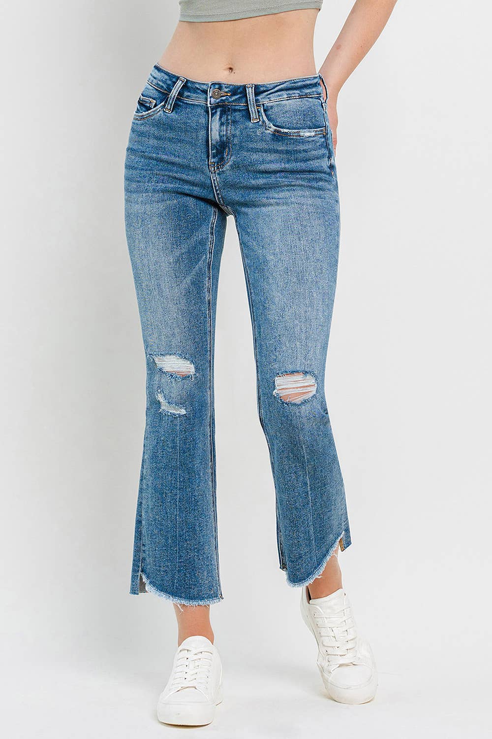 MID RISE UNEVEN HEM ANKLE KICK Flare Jean T6048