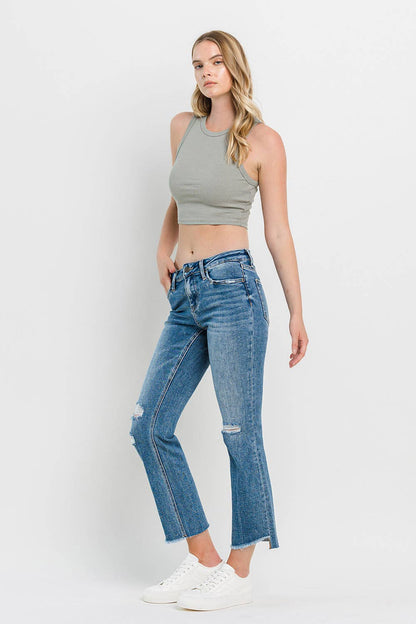 MID RISE UNEVEN HEM ANKLE KICK Flare Jean T6048