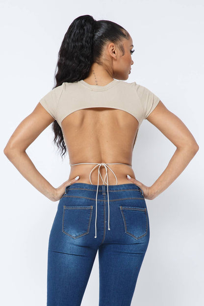 Rib Open Back String Tie Crop Top