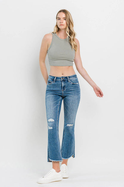 MID RISE UNEVEN HEM ANKLE KICK Flare Jean T6048